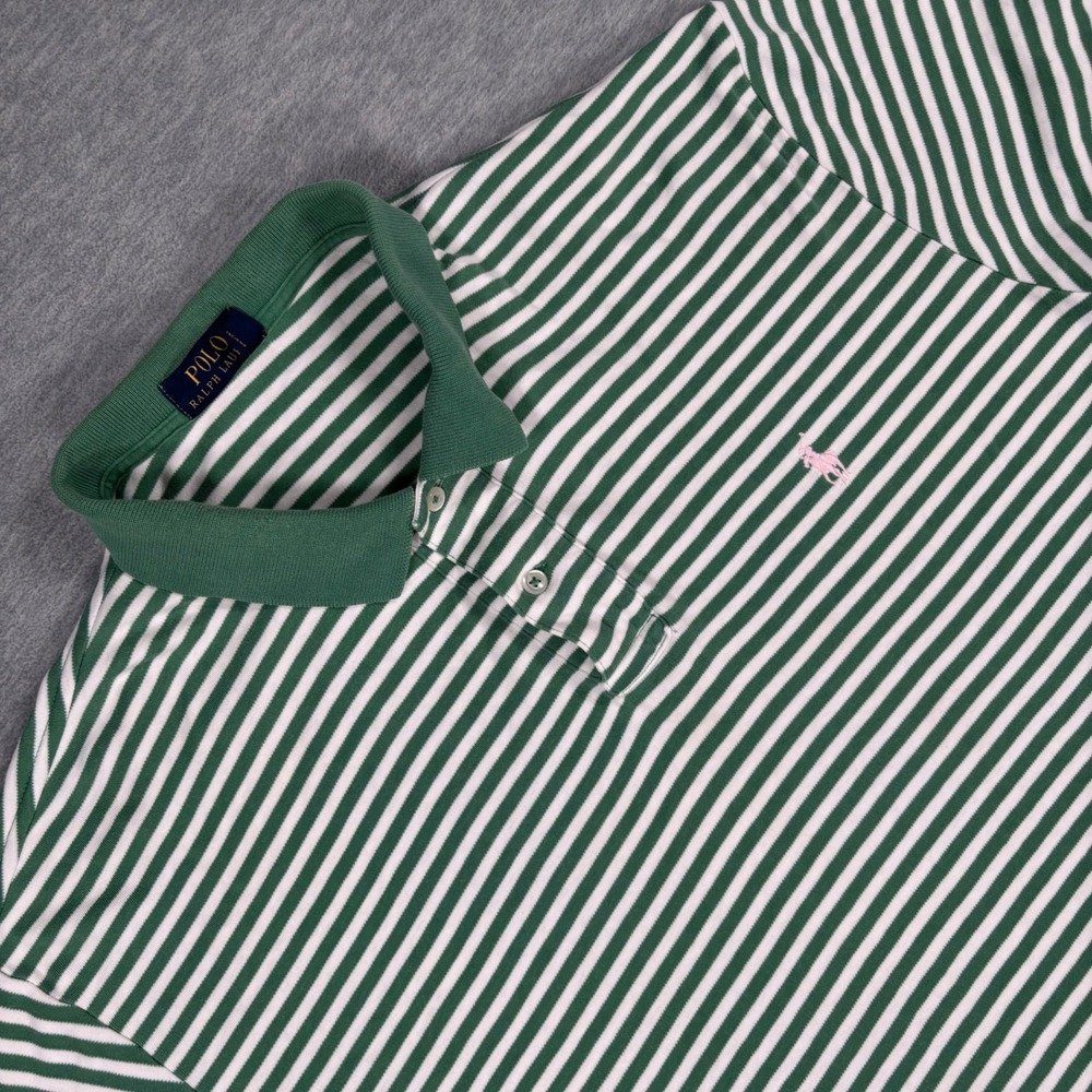 Polo Ralph Lauren Mens XL Green White Striped Short Sleeve Polo Shirt Pink Pony